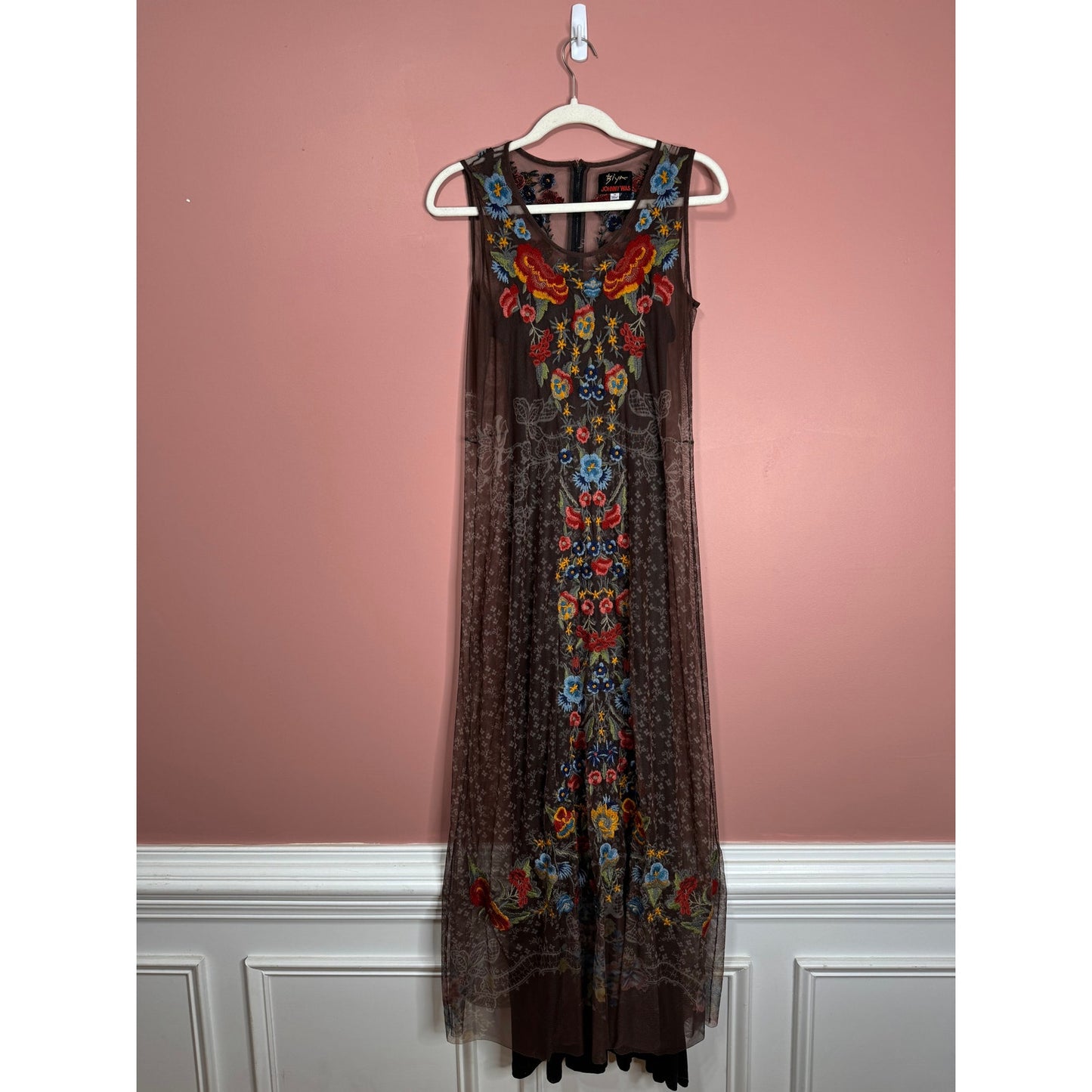 Johnny Was Eleir Printed Mesh Maxi Dress Size XS Floral Sleeveless Embroidered