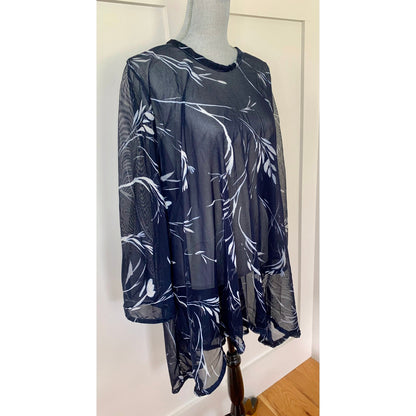 Diane Ness Printed Mini Dress in Navy Sheer Long Sleeve Summer Vacation Resort