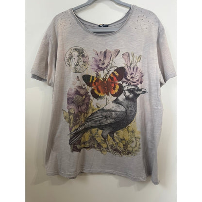 Jaded Gypsy Distressed Graphic Tee Bird Butterfly Boho Grey Short Sleeve T-Shirt