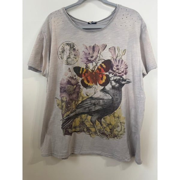 Jaded Gypsy Distressed Graphic Tee Bird Butterfly Boho Grey Short Sleeve T-Shirt