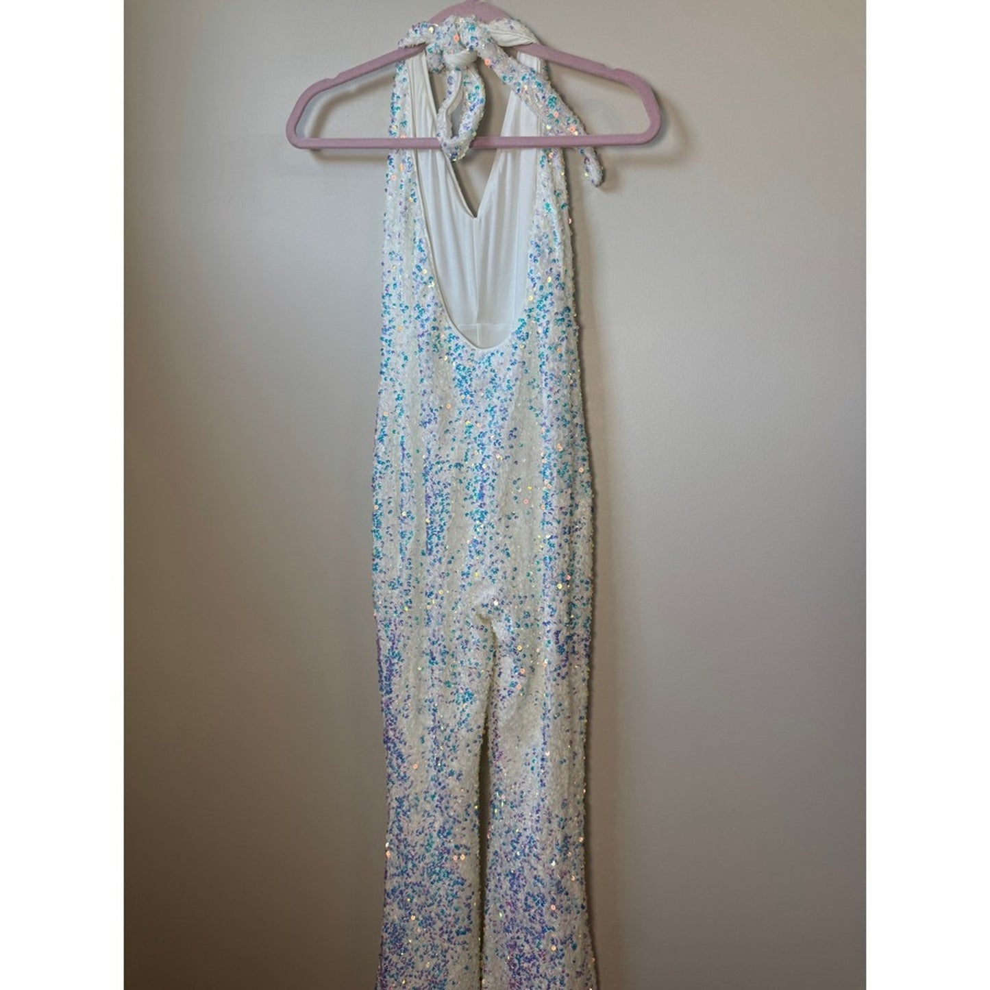 White Iridescent Sequin Halter Jumpsuit Wide Leg Disco Bridal Party Bachelorette