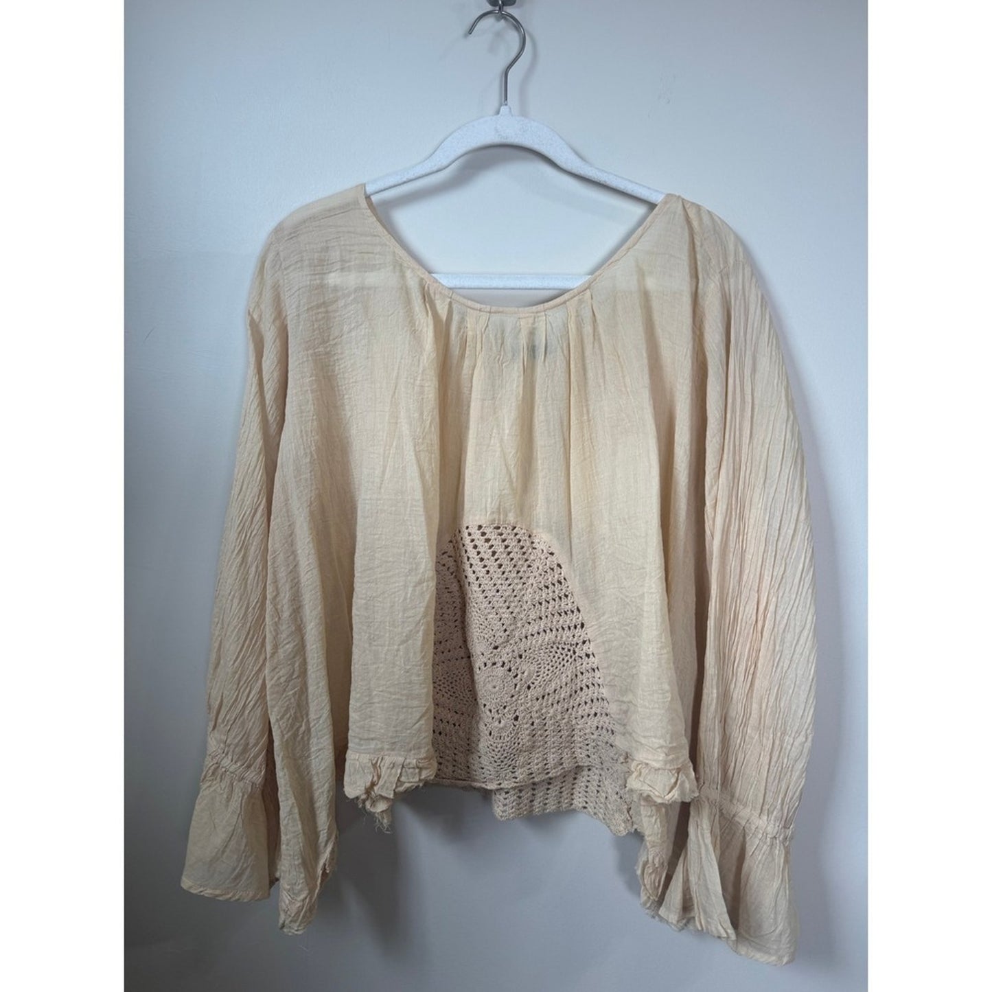 Jade Gypsy Boho Crochet Lace Gauze Peasant Blouse Bell Sleeve Cream Top Womens