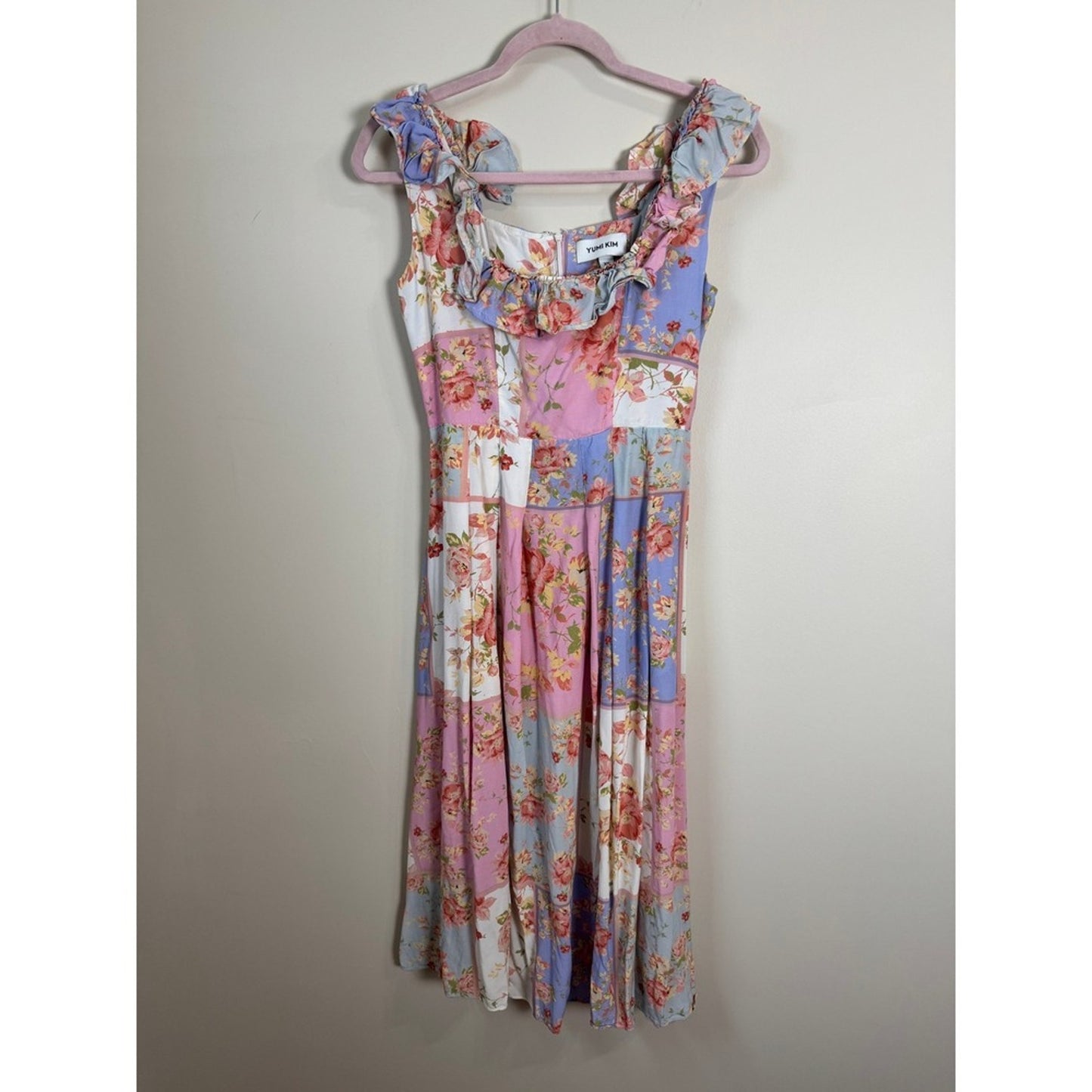 Yumi Kim Floral Patchwork Ruffle Midi Dress Pastel Pink Blue XS Garden Party