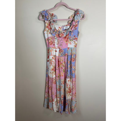 Yumi Kim Floral Patchwork Ruffle Midi Dress Pastel Pink Blue XS Garden Party