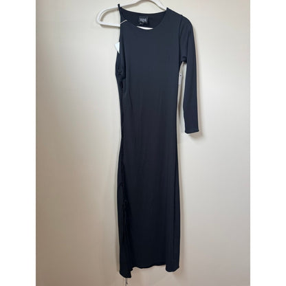 Leslie Amon Paris Black Lace Up Side One Sleeve Asymmetric Maxi Dress NWT