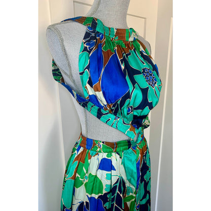 Cult Gaia Theia Dress in Botanic Aqua Silk Voile Sz XL Floral Sleeveless Cutout