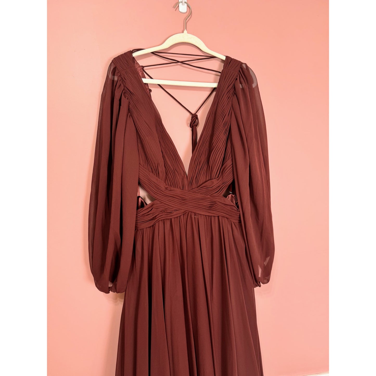 NEW NWT Mac Duggal Pleated Cut Out Long Sleeve Lace Up Tiered Gown STYLE 67948 Size 16 Plum