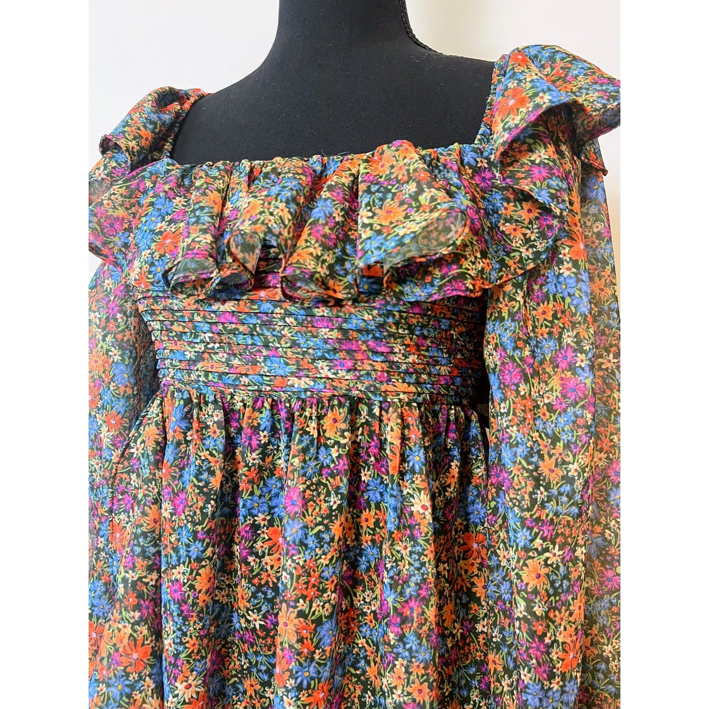 For Love & Lemons Brittany Midi Dress in Blue Size XS Ditsy Floral Long Sleeve