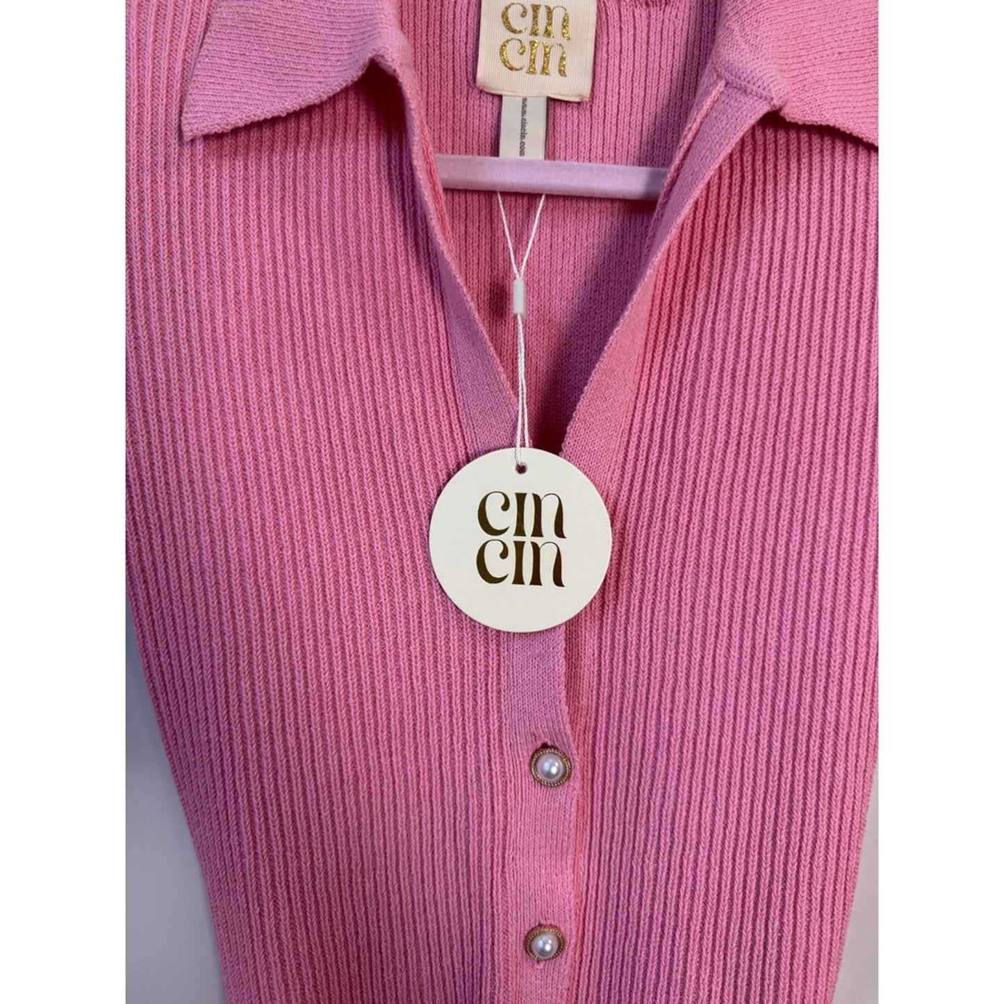 CIN CIN Pink Ribbed Knit Button Front Long Sleeve Belted Romper Size Small