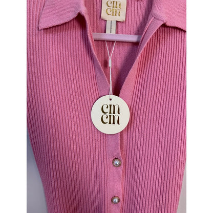 CIN CIN Pink Ribbed Knit Button Front Long Sleeve Belted Romper Size Small