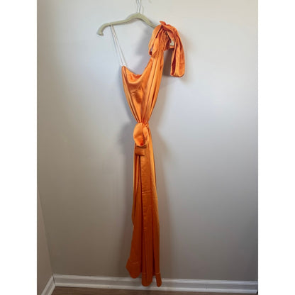Orange Satin One Shoulder Maxi Dress Bow Detail Formal Gown Sleeveless Orange