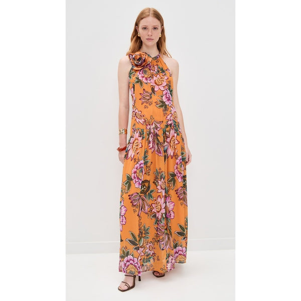 FARM RIO Floral Maxi Dress Orange Halter Neck Flower Embellished Tie Waist XL