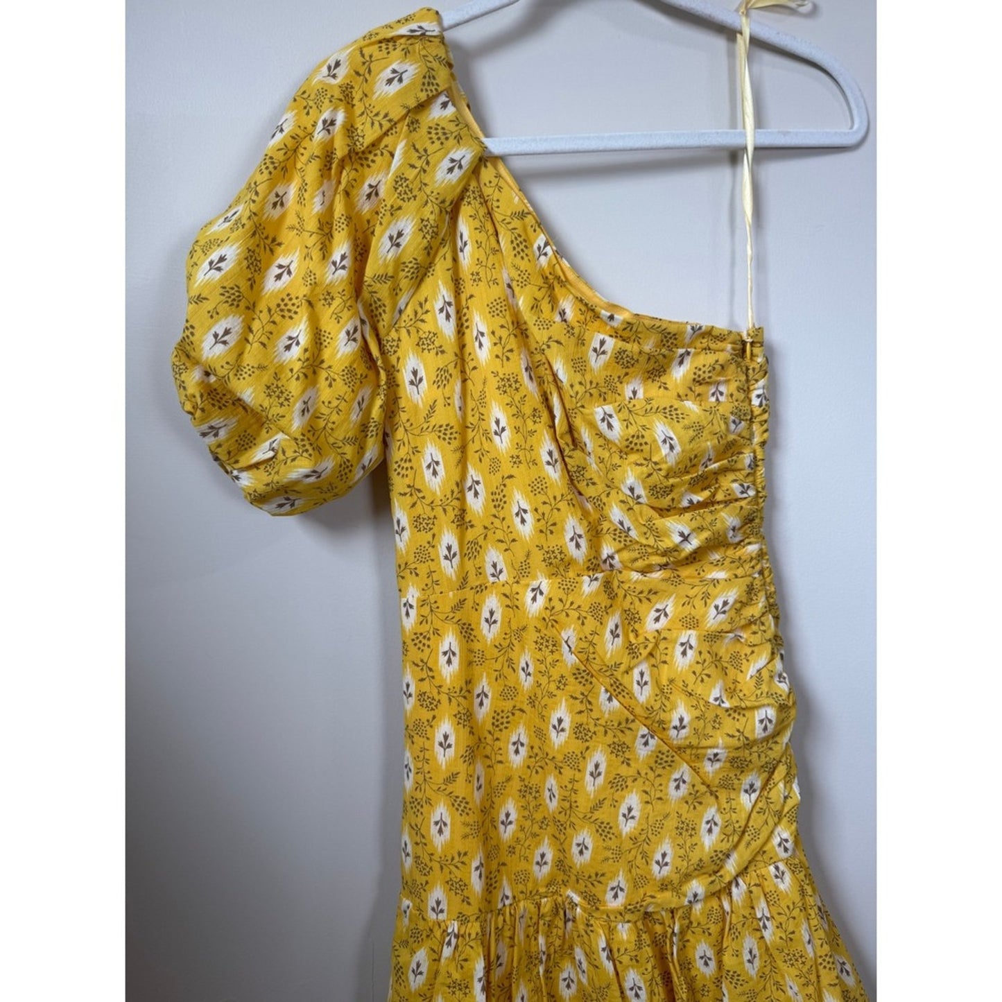 Veronica Beard Yellow Ikat Floral One Shoulder Tiered Ruffle Midi Dress Size 0