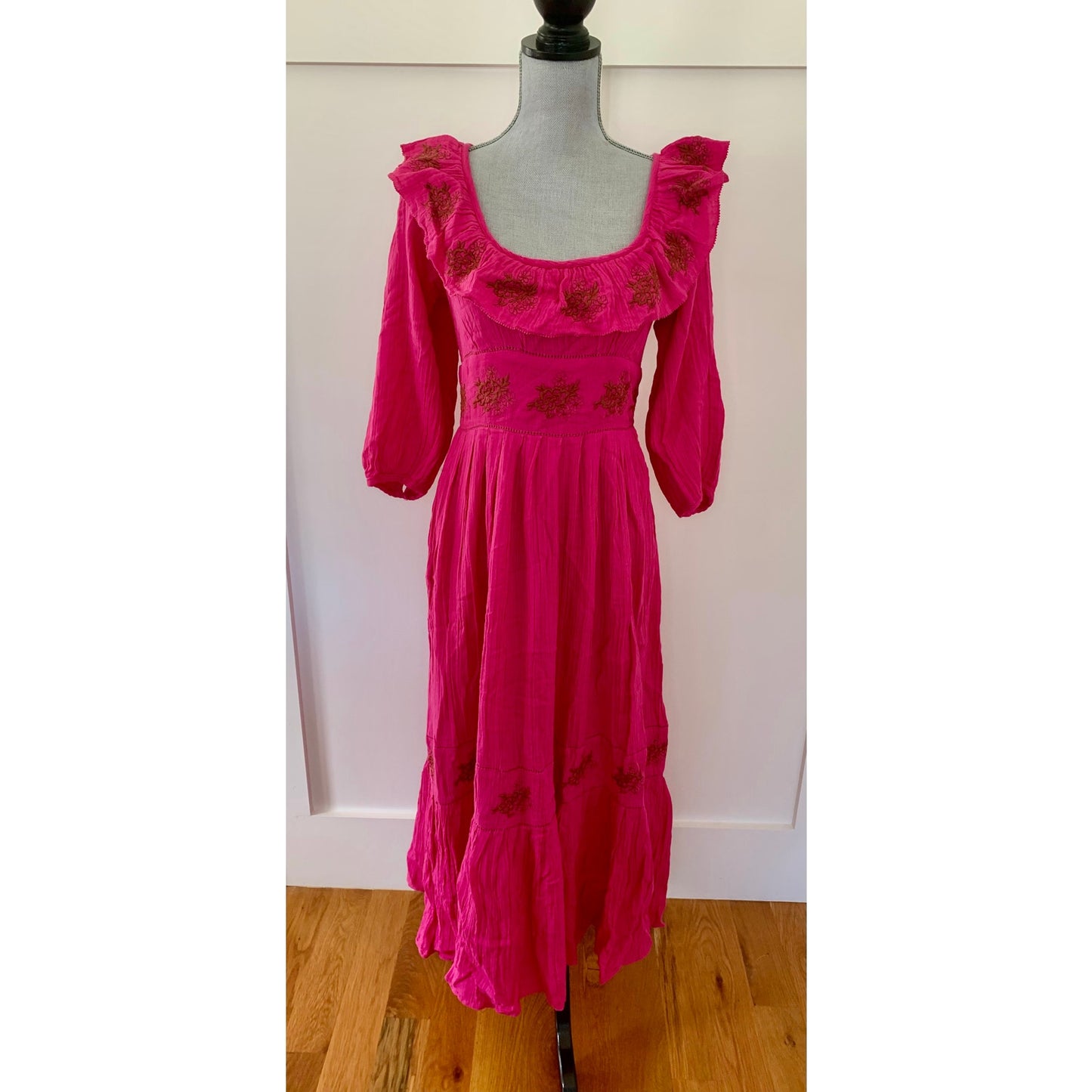 Free People Lovers Lane Maxi Dress in Pink Phenom Medium Floral Embroidered