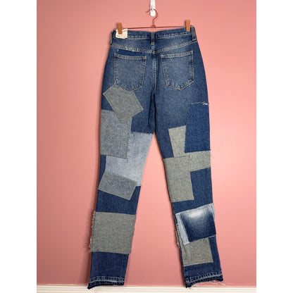 Free People Bare With Me Jeans Size 25 Denim Mid-Rise Straight Leg Patchwork