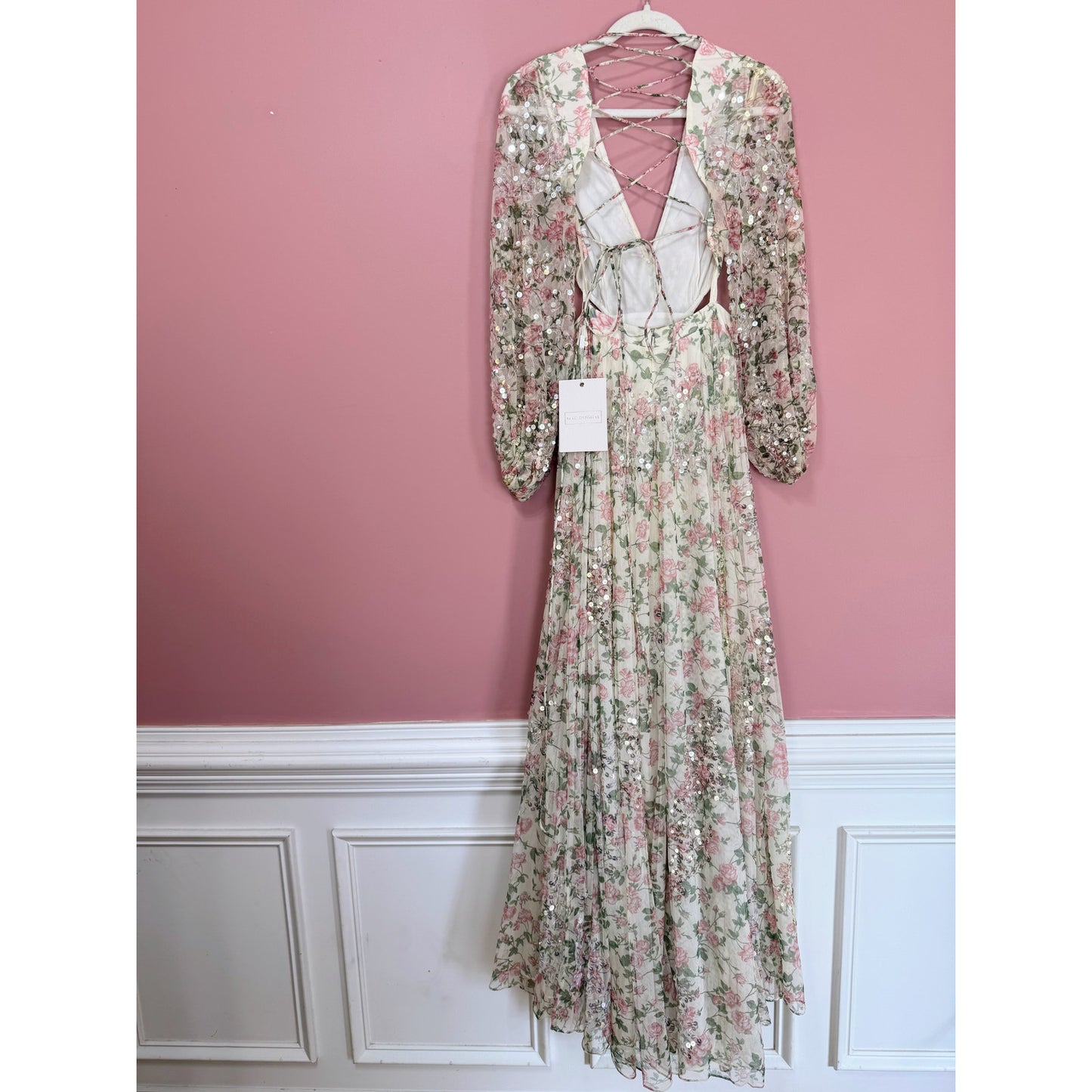 NEW NWT Mac Duggal Floral Sequined Cut Out Lace Up Gown A93746 Size 8