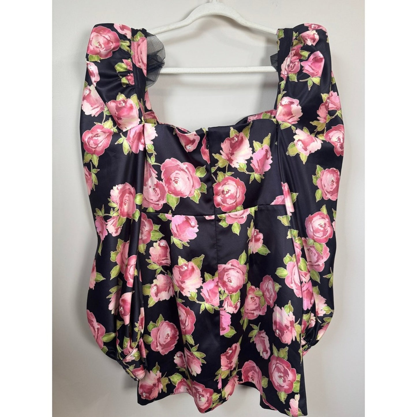 House of CB Black Pink Floral Satin Puff Sleeve Mini Dress Size L Rose Print