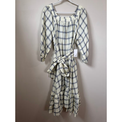 Lisa Marie Fernandez Cream Navy Check Linen Blend Balloon Sleeve Midi Dress NEW