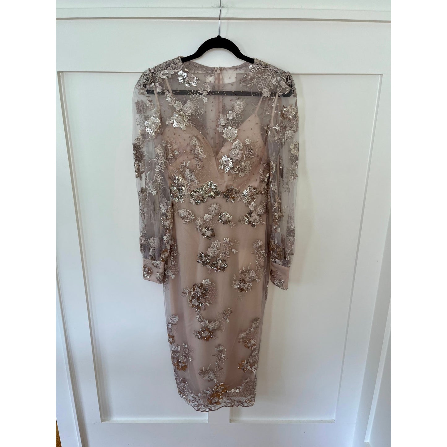 NEW NWT Mac Duggal 70237 Beige Embellished High Neck Illusion Long Sleeve Midi Dress Mocha Size 4
