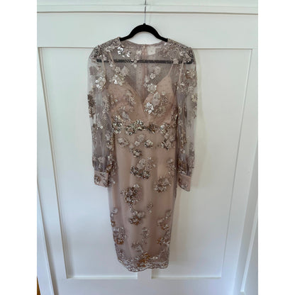 NEW NWT Mac Duggal 70237 Beige Embellished High Neck Illusion Long Sleeve Midi Dress Mocha Size 4