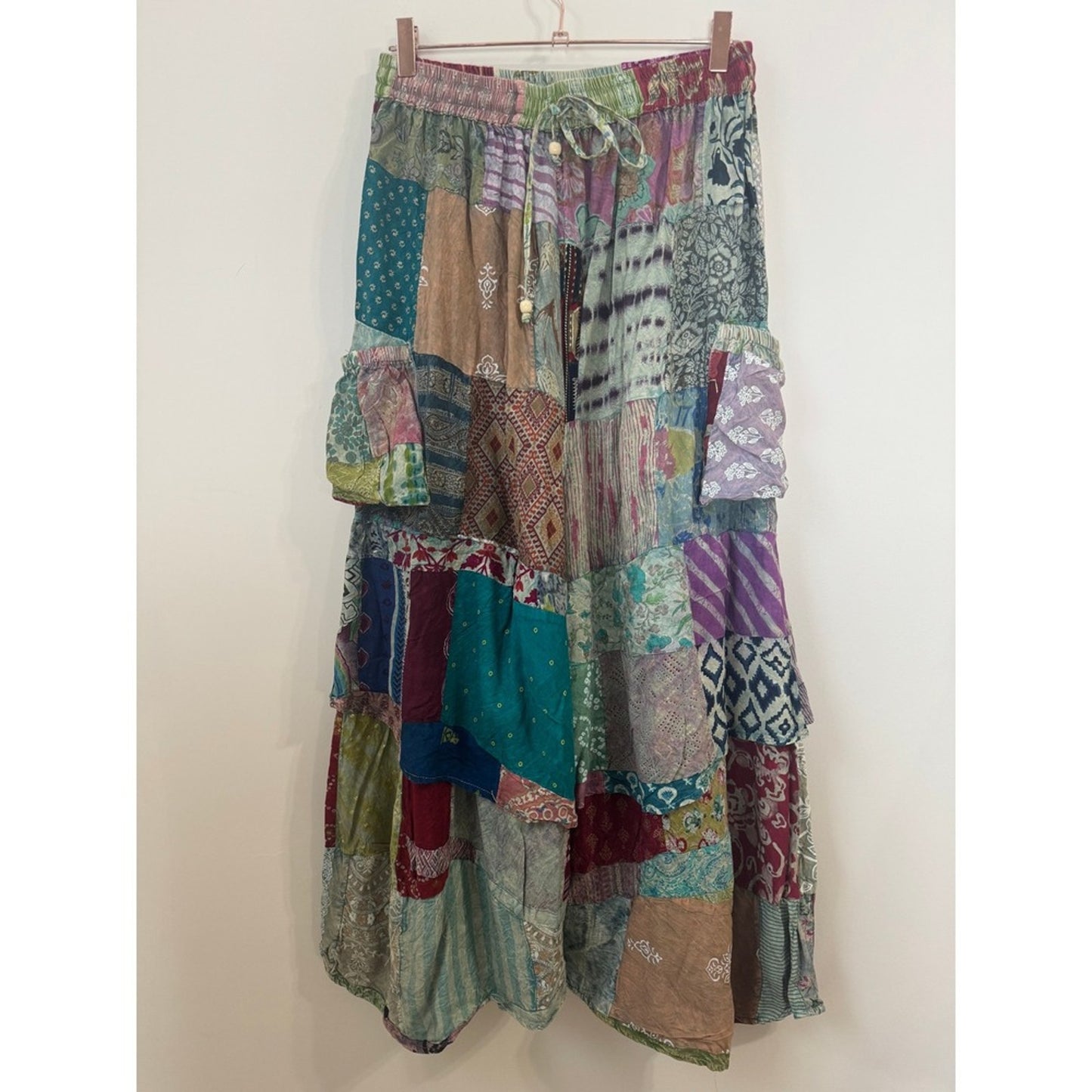 Jaded Gypsy Patchwork Wide Leg Cargo Pants Boho Festival Multi Color One Size