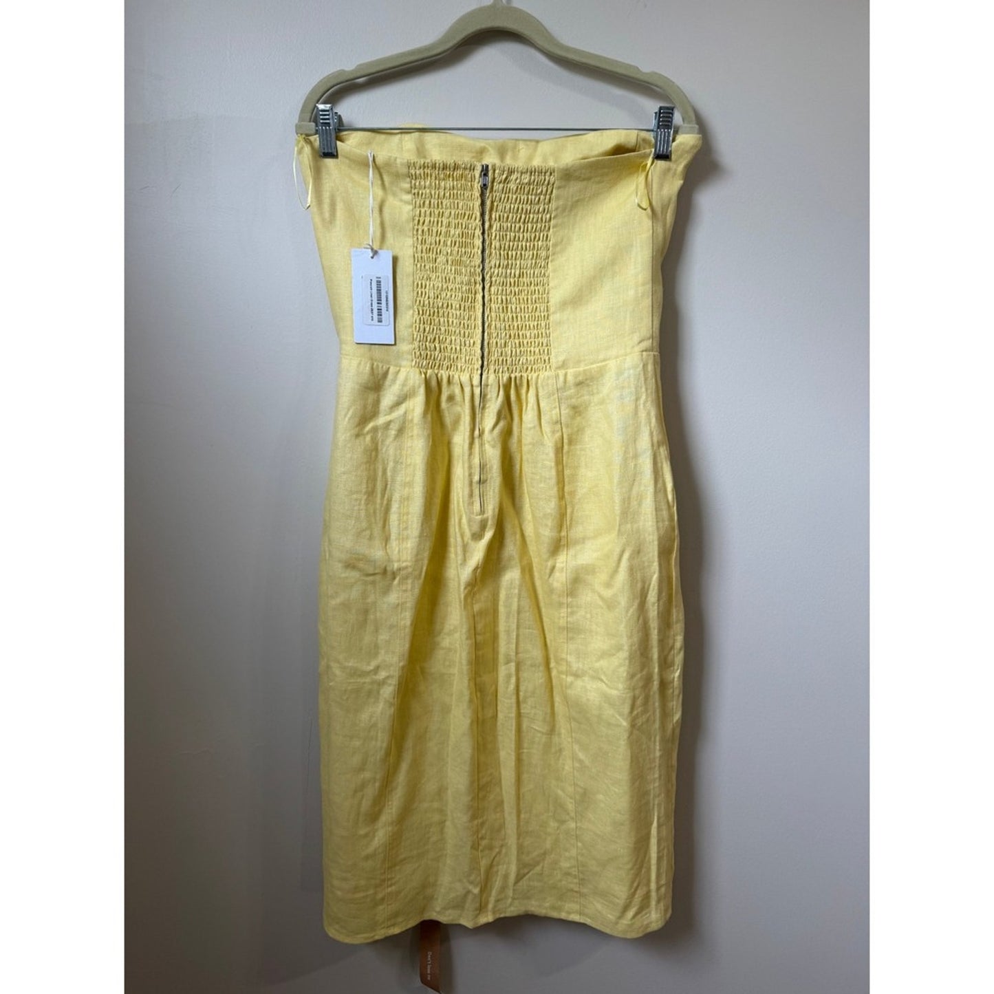 Reformation Prescott Linen Blend Strapless Midi Dress Pale Yellow Button Back