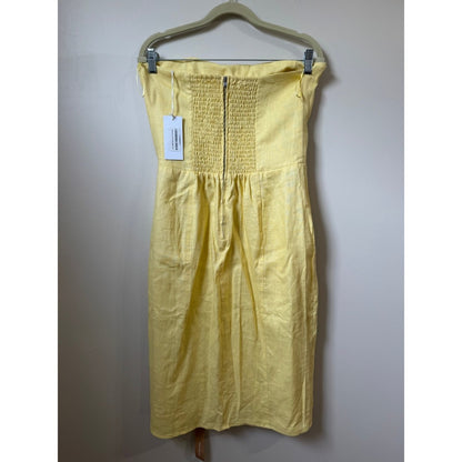 Reformation Prescott Linen Blend Strapless Midi Dress Pale Yellow Button Back