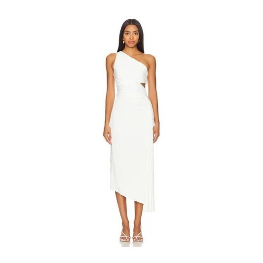 ALC Delfina One Shoulder Pleated Cutout Midi Dress Whisper White Size 8 NEW