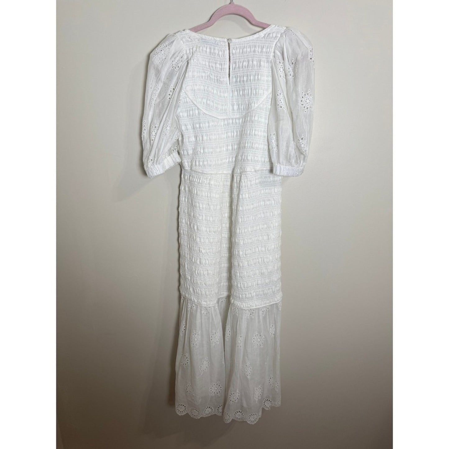 SEA NY White Eyelet Puff Sleeve Smocked Midi Dress