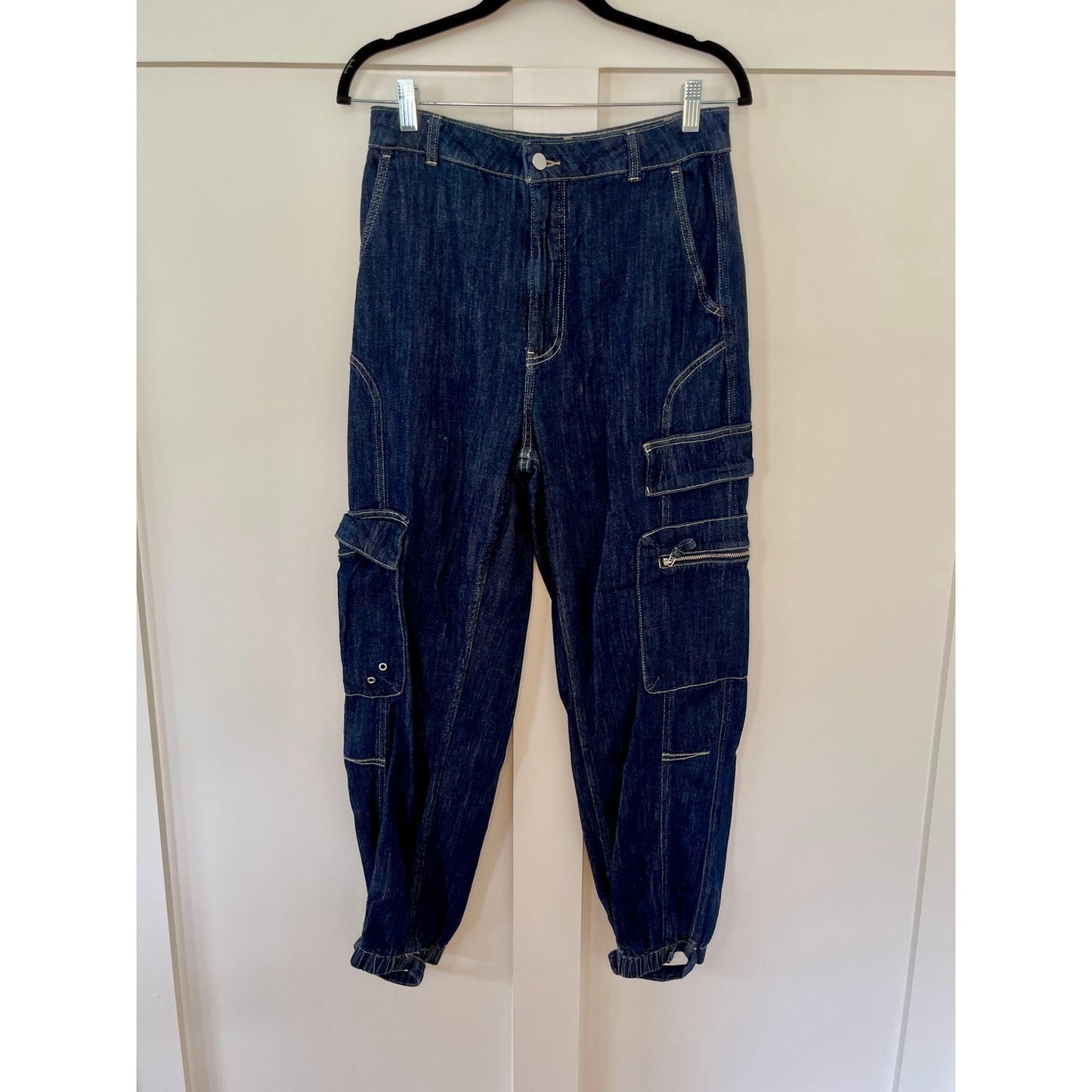 NEW Pilcro Anthropologie Seamed Sport Low-Rise  Cargo Jeans Blue Size 27 Tall