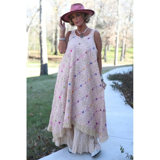 Jaded Gypsy Stars Align Dress O S Beige Embroidered Bohemian Maxi Dress