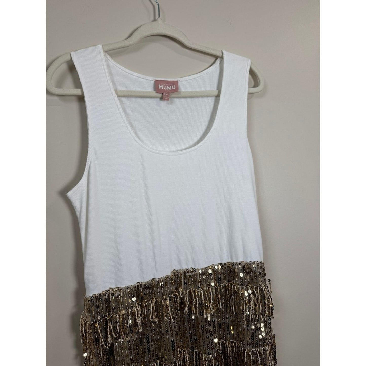 Show Me Your Mumu Sequin Fringe Maxi Dress White Gold Ribbed Tank XL Party NYE