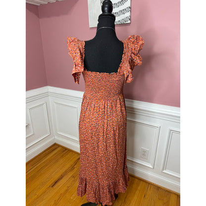 byTimo Floral Maxi Dress Orange Floral Small Short Sleeve Ruffle Smocked Cotton