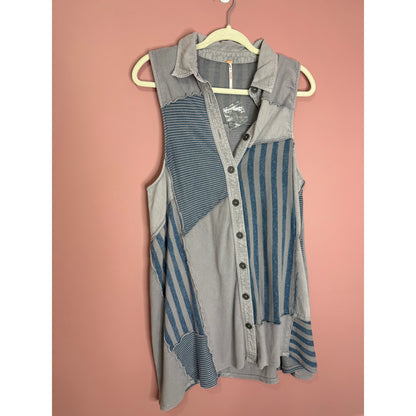 Free People Santana Denim Patched Mini Dress in Blue Small Striped Sleeveless