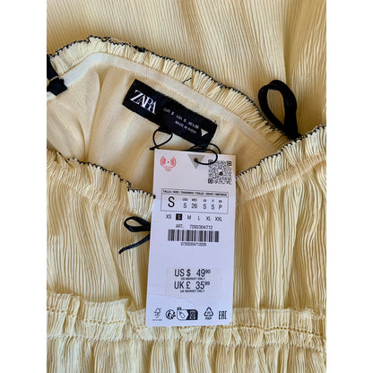 Zara Mini Dress in Cream Small Textured Tiered Tie Bow Sleeveless Ruched Summer