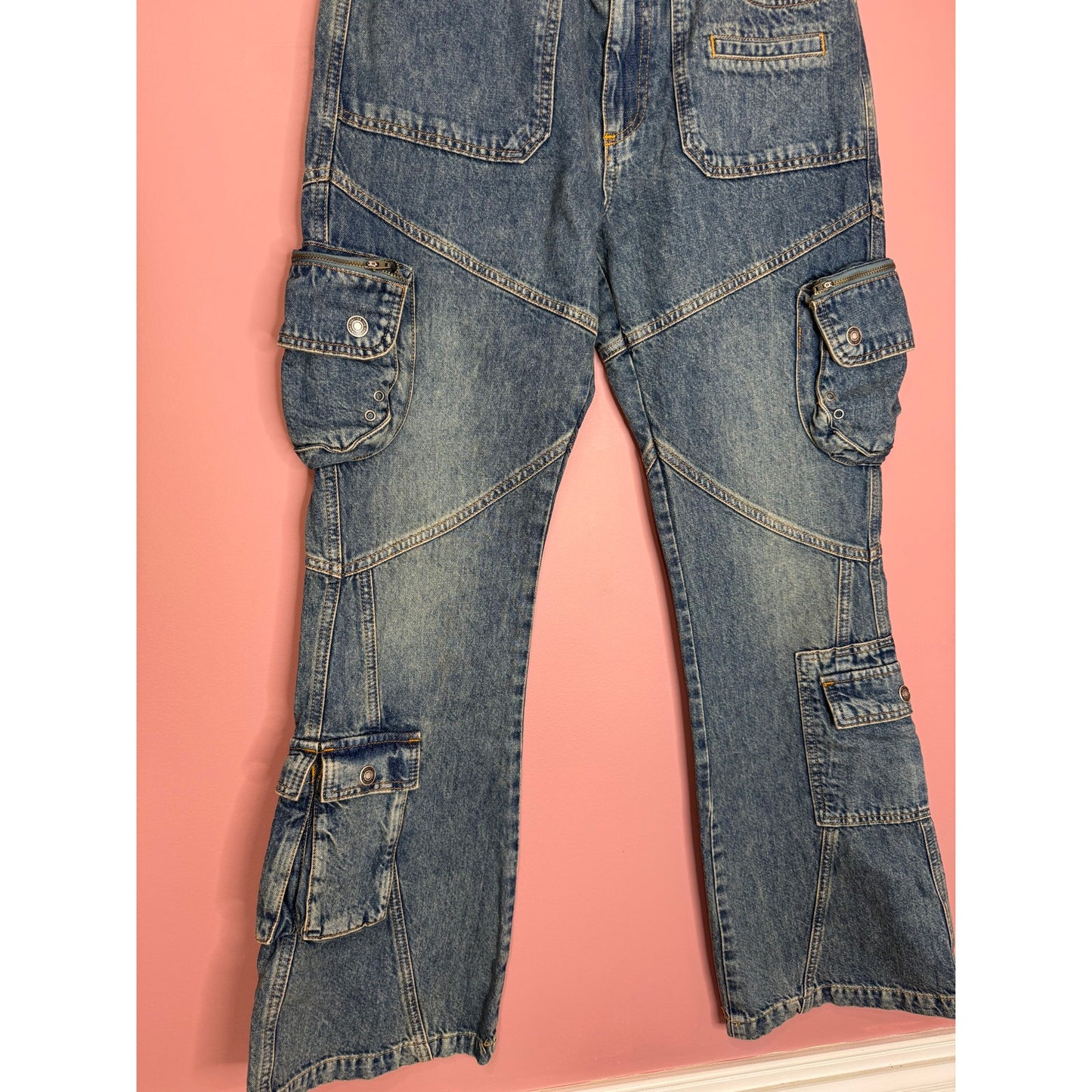 Free People Call Me Crazy Low Rise Flare Cargo Jeans Blue Size 30 Denim Pockets