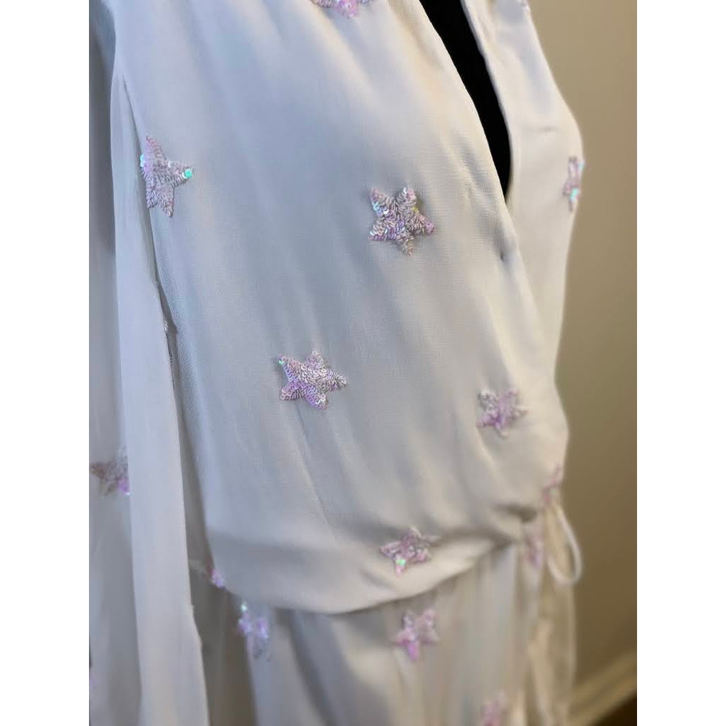 Rococo Sand Stellar Georgette Short Dress in White Size XS Long Sleeve Sequins
