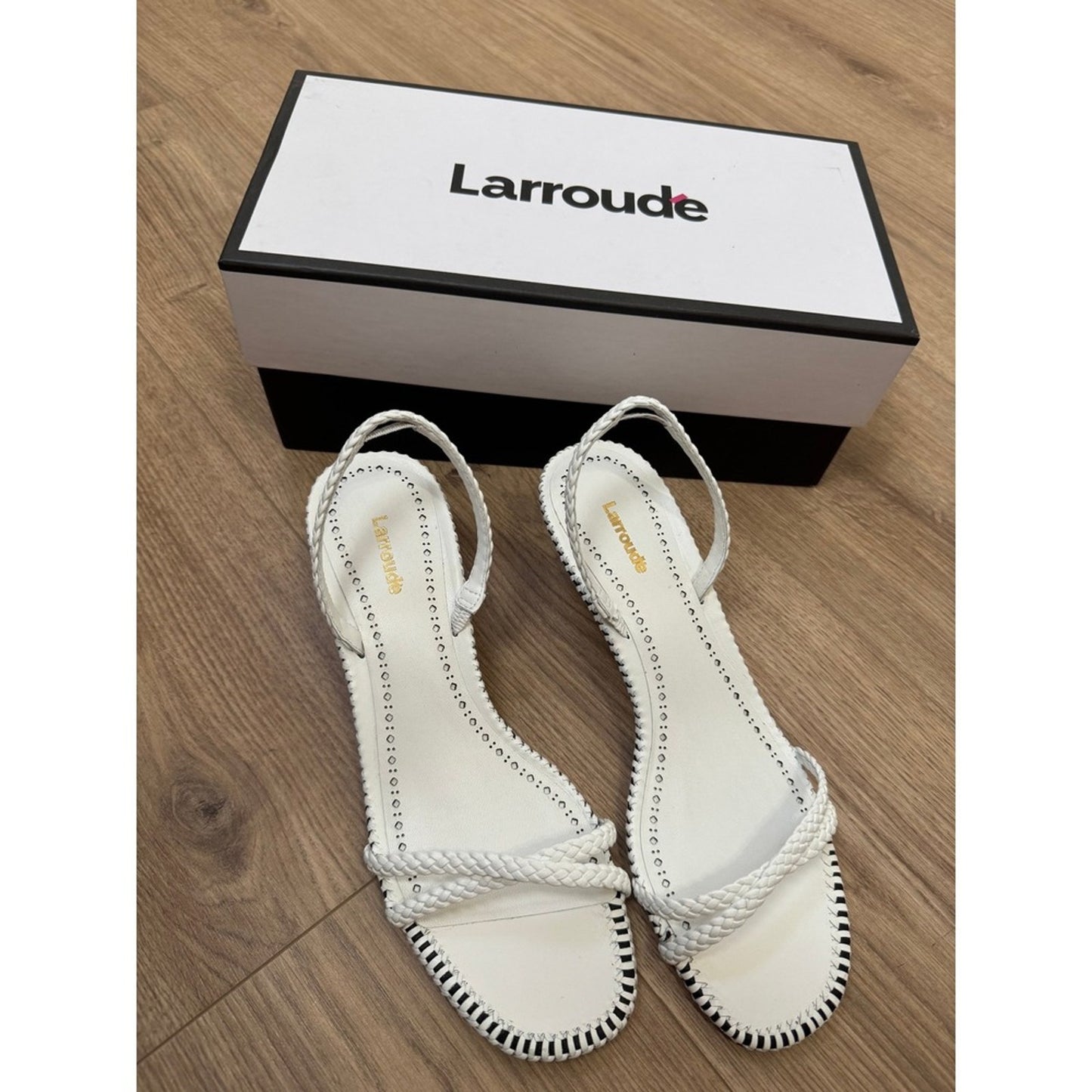 Larroude White Leather Braided Slingback Kitten Heel Sandals Whipstitch Trim