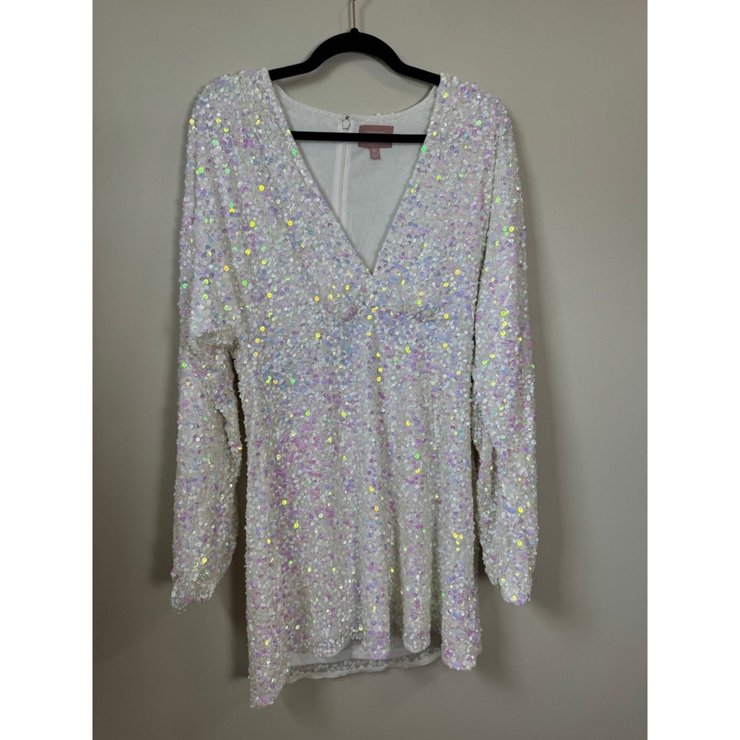Show Me Your Mumu White Iridescent Sequin Mini Dress Long Sleeve V-Neck XL
