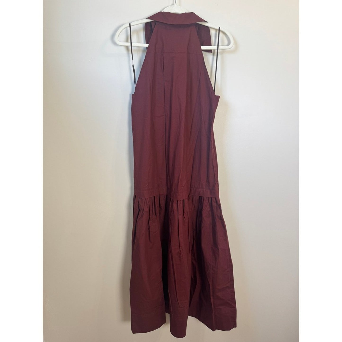 ALC Burgundy Cotton Poplin Halter Midi Dress Sleeveless Drop Waist Pocket Red M