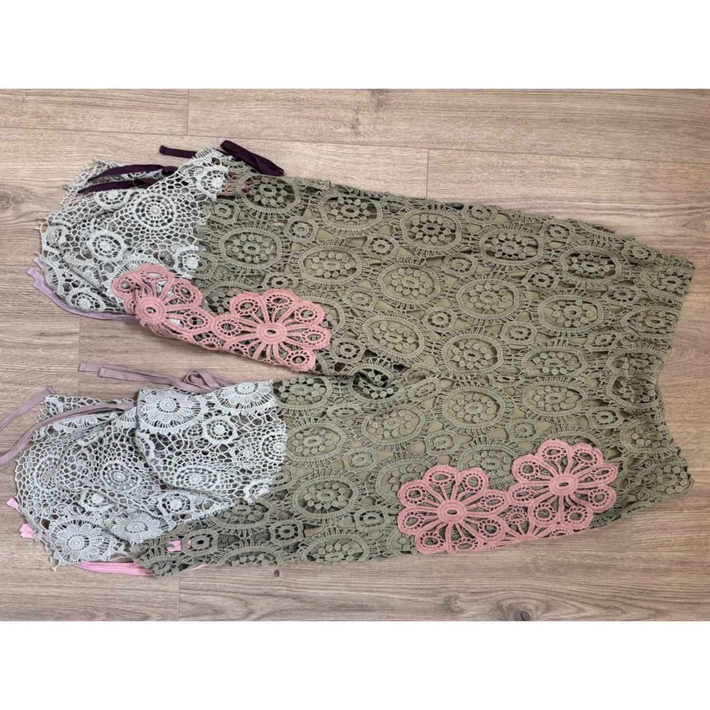 Jaded Gypsy Endless Love Pants Olive Green Pink Crochet Lace Boho Festival OS