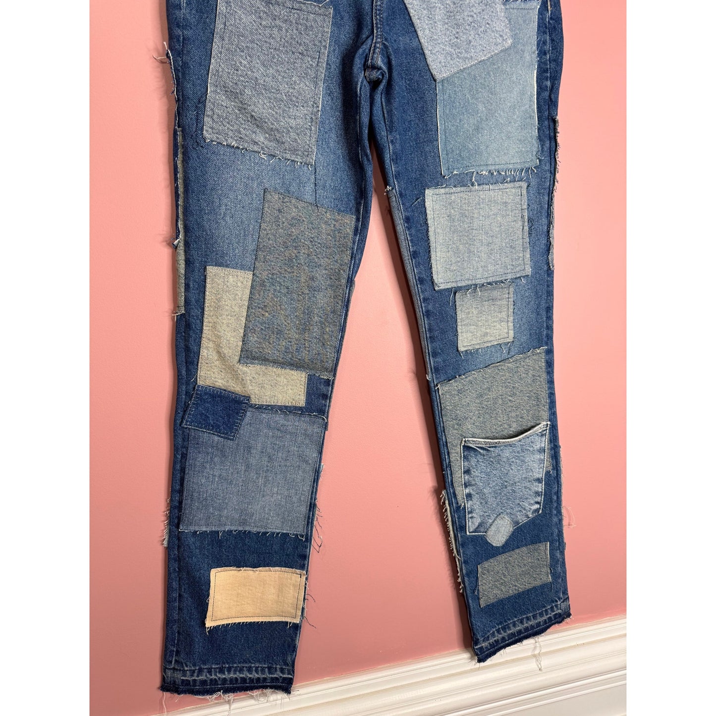 Free People Bare With Me Jeans in Blue Size 26 Patchwork Mid-Rise Straight Leg