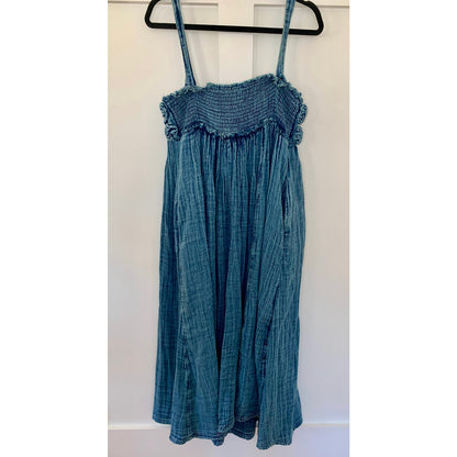 Free People Dolly Midi Dress Blue Floral Large Denim Cotton Pleated Relaxed Fit