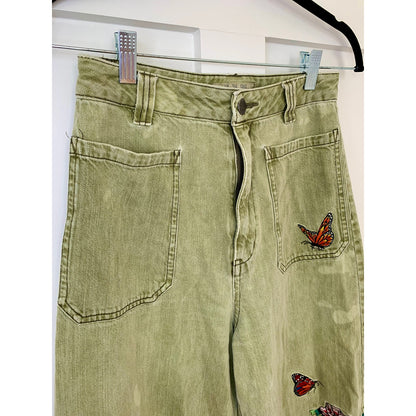We The Free Wide Leg Jeans in Army Green Sz 26 Denim Ultra High Rise Embroidered