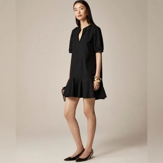 NEW NWT J.Crew Black V Neck Puff Sleeve Tiered Ruffle Casual Mini Dress Size PL