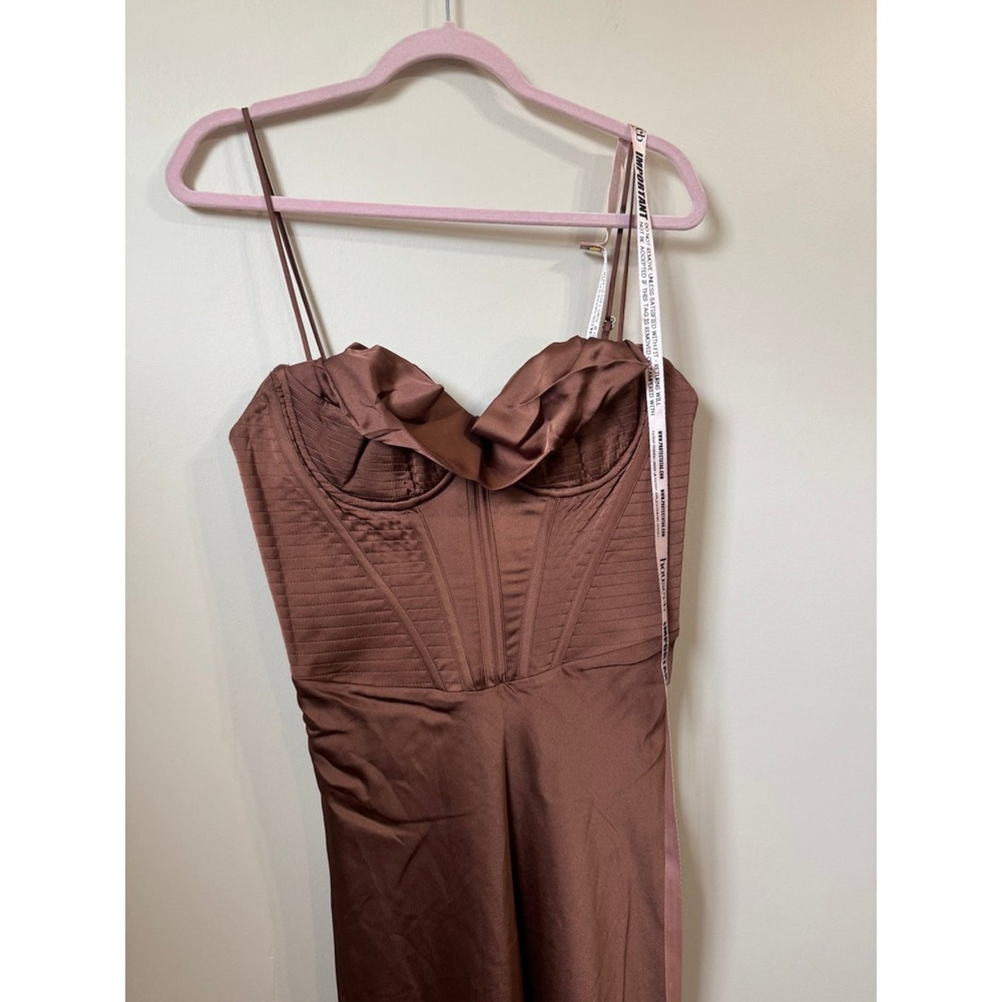 House of CB Brown Satin Corset Cowl Neck Midi Dress Chocolate Boned Bodice NWT