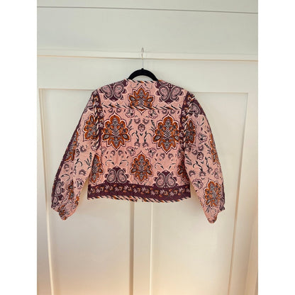 FARM Rio Quilted Jacket Pink Paisley Print Button Front Cropped Balloon Sleeve L