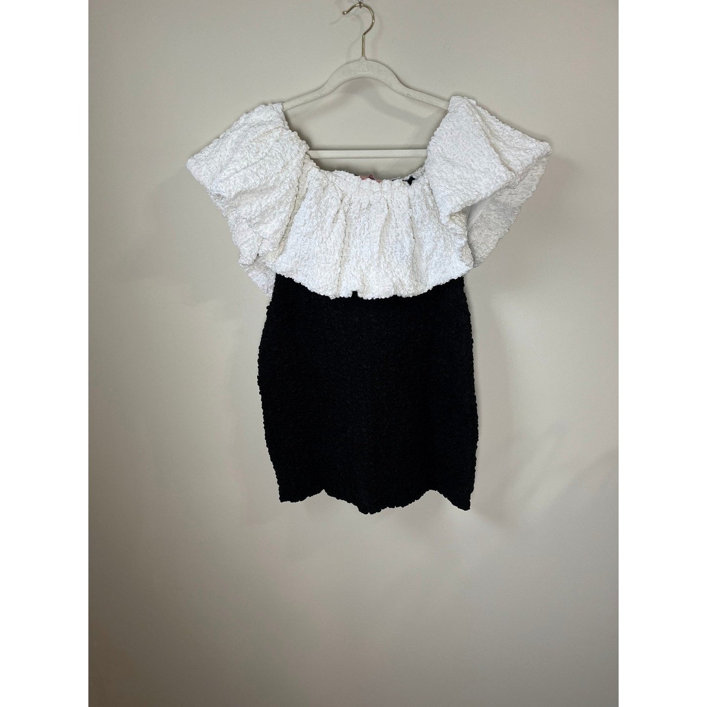 Show Me Your Mumu Anita Mini Dress Black White Textured Off Shoulder Large