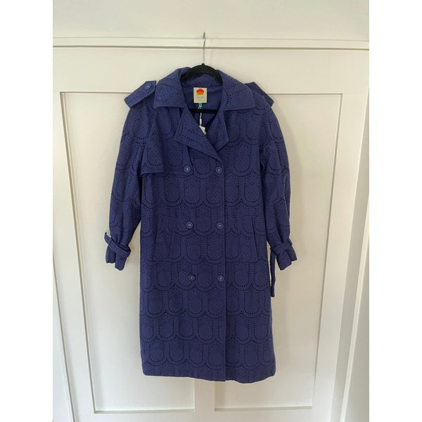 FARM Rio Navy Blue Cotton Eyelet Lace Trench Coat XS