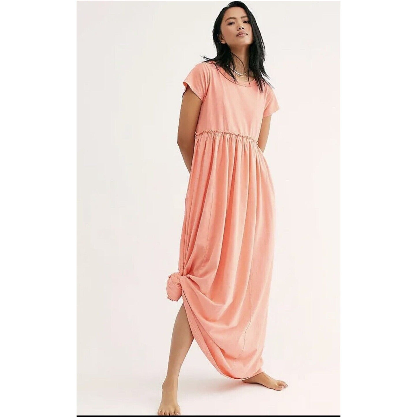 Free People Carissa Tee Maxi Dress in Peach Small Short Sleeve Pullover Cotton
